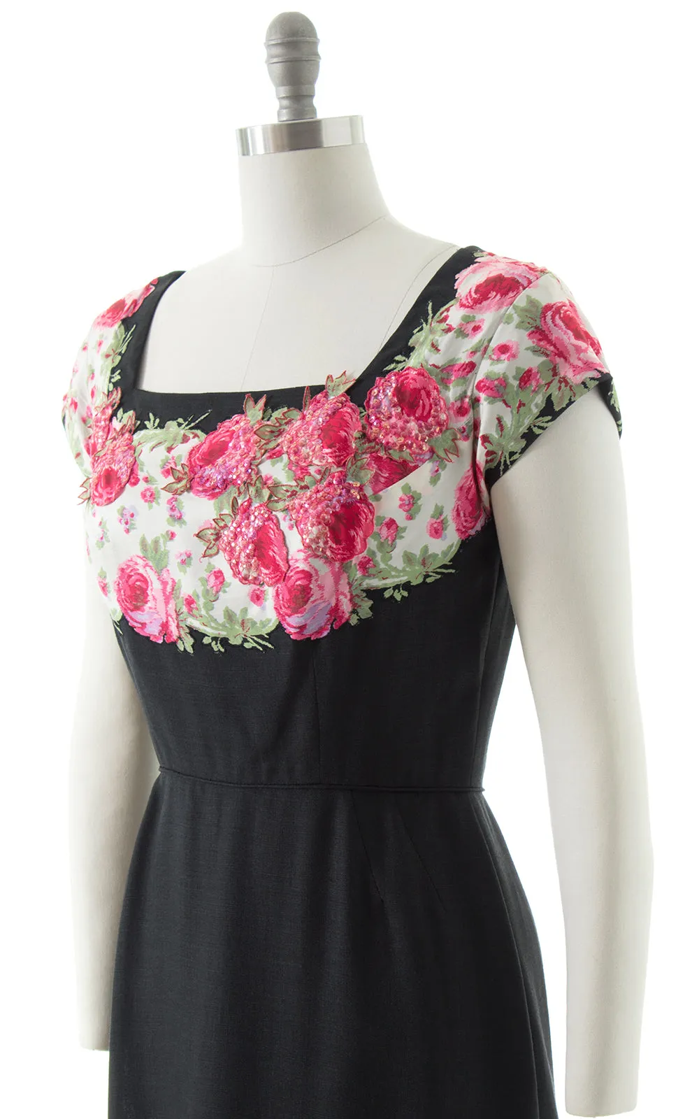 1950s Peggy Hunt Floral Sequin Silk & Linen Dress | medium