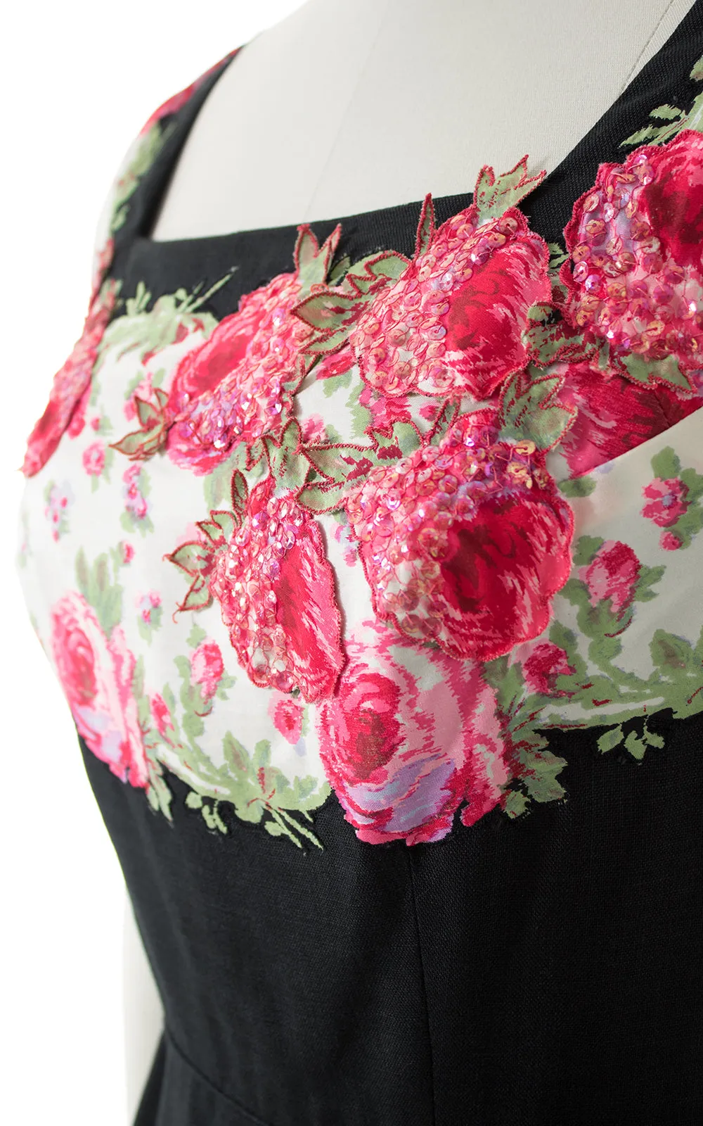 1950s Peggy Hunt Floral Sequin Silk & Linen Dress | medium