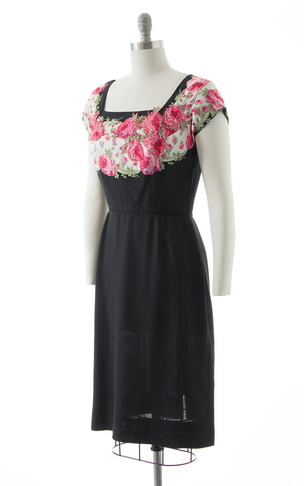 1950s Peggy Hunt Floral Sequin Silk & Linen Dress | medium