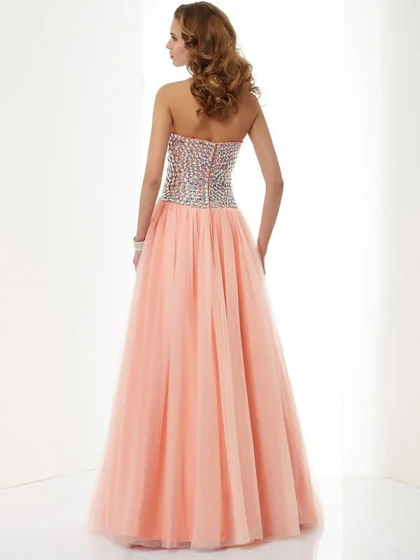 A-Line/Princess Sweetheart Sleeveless Beading Long Elastic Woven Satin Dresses