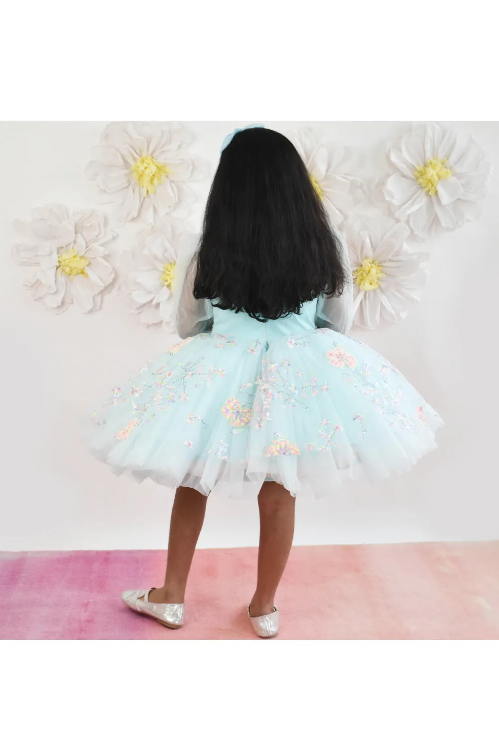 Aqua Blue Floral Embroidered Net Dress