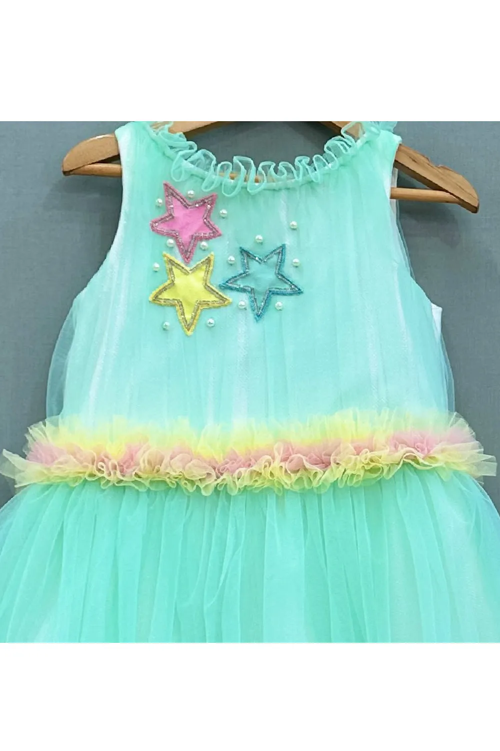 Aqua Blue Star Embroidered Halter Neck Net Dress