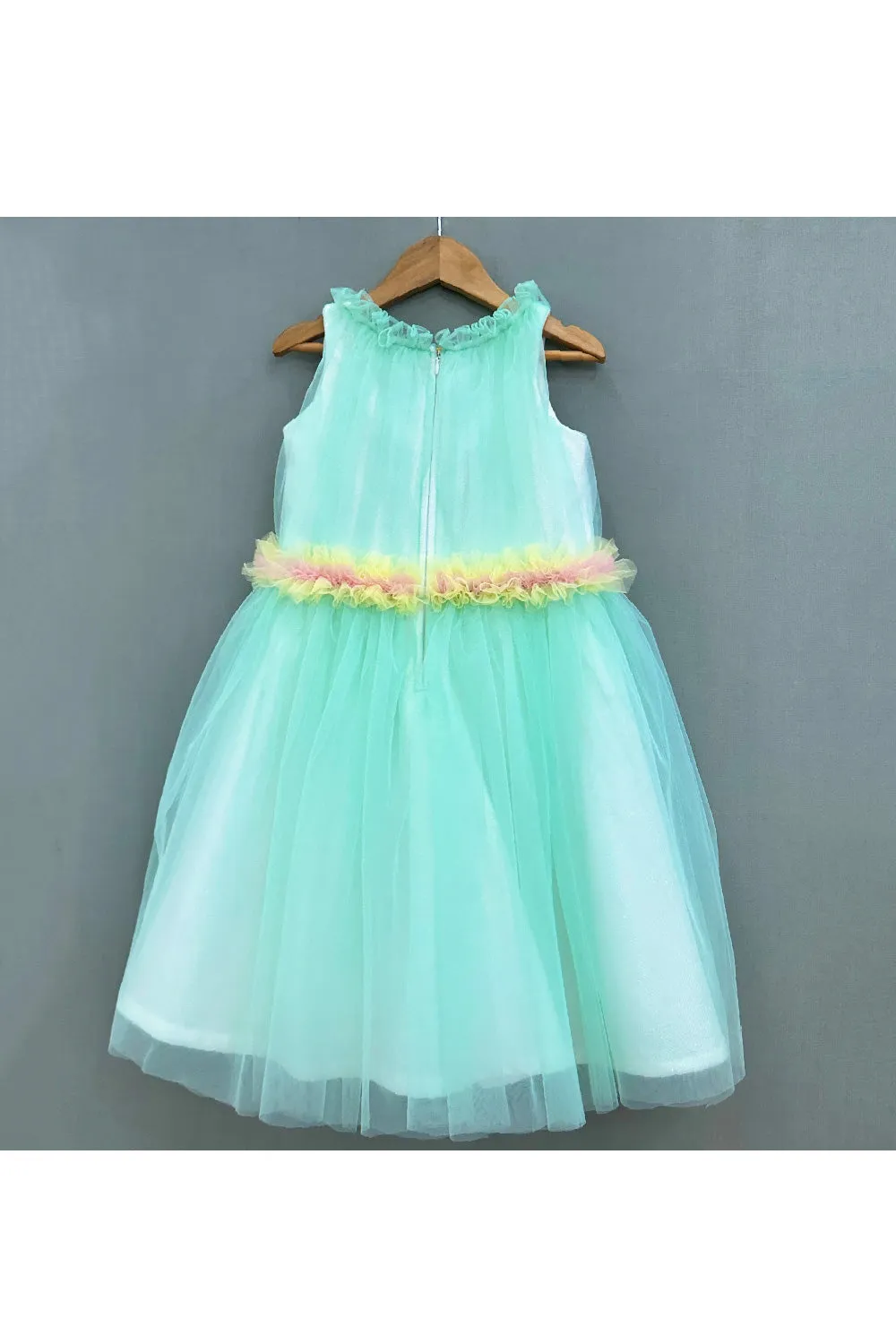 Aqua Blue Star Embroidered Halter Neck Net Dress