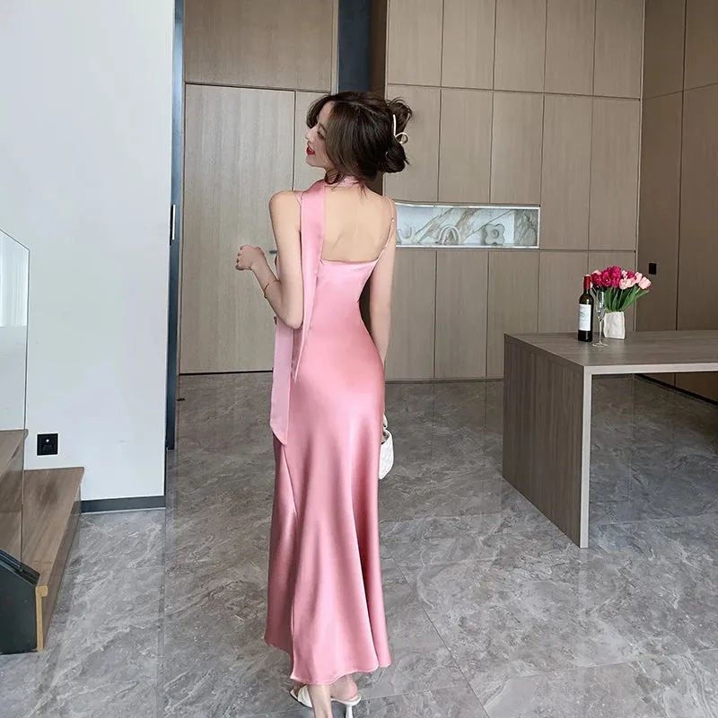 Backless Satin Midi Dresses Prom Gown Bridesmaid