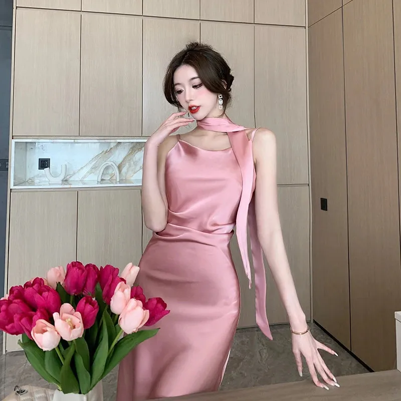 Backless Satin Midi Dresses Prom Gown Bridesmaid