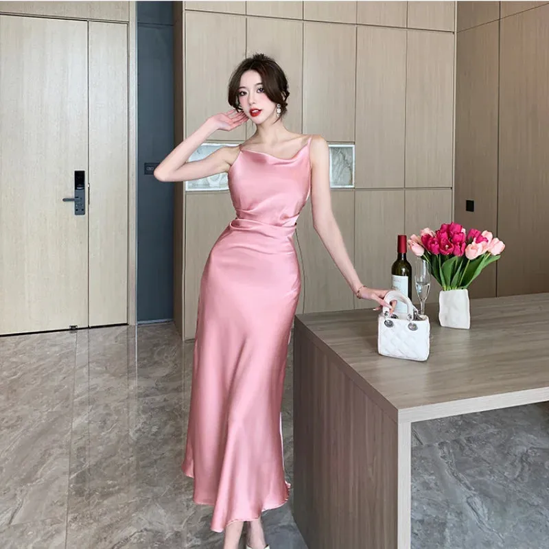 Backless Satin Midi Dresses Prom Gown Bridesmaid