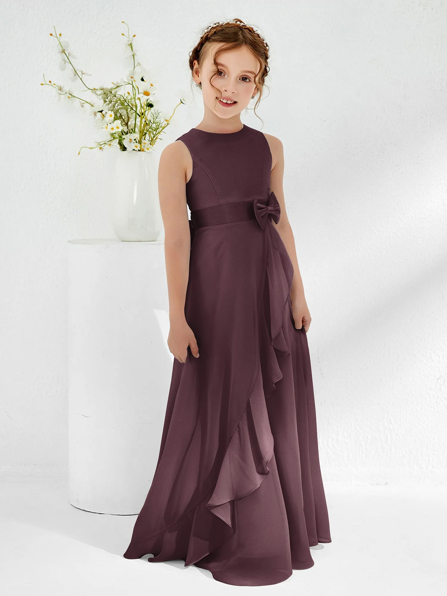 Bateau Neckline Ruffle Junior Bridesmaid Gowns Cabernet