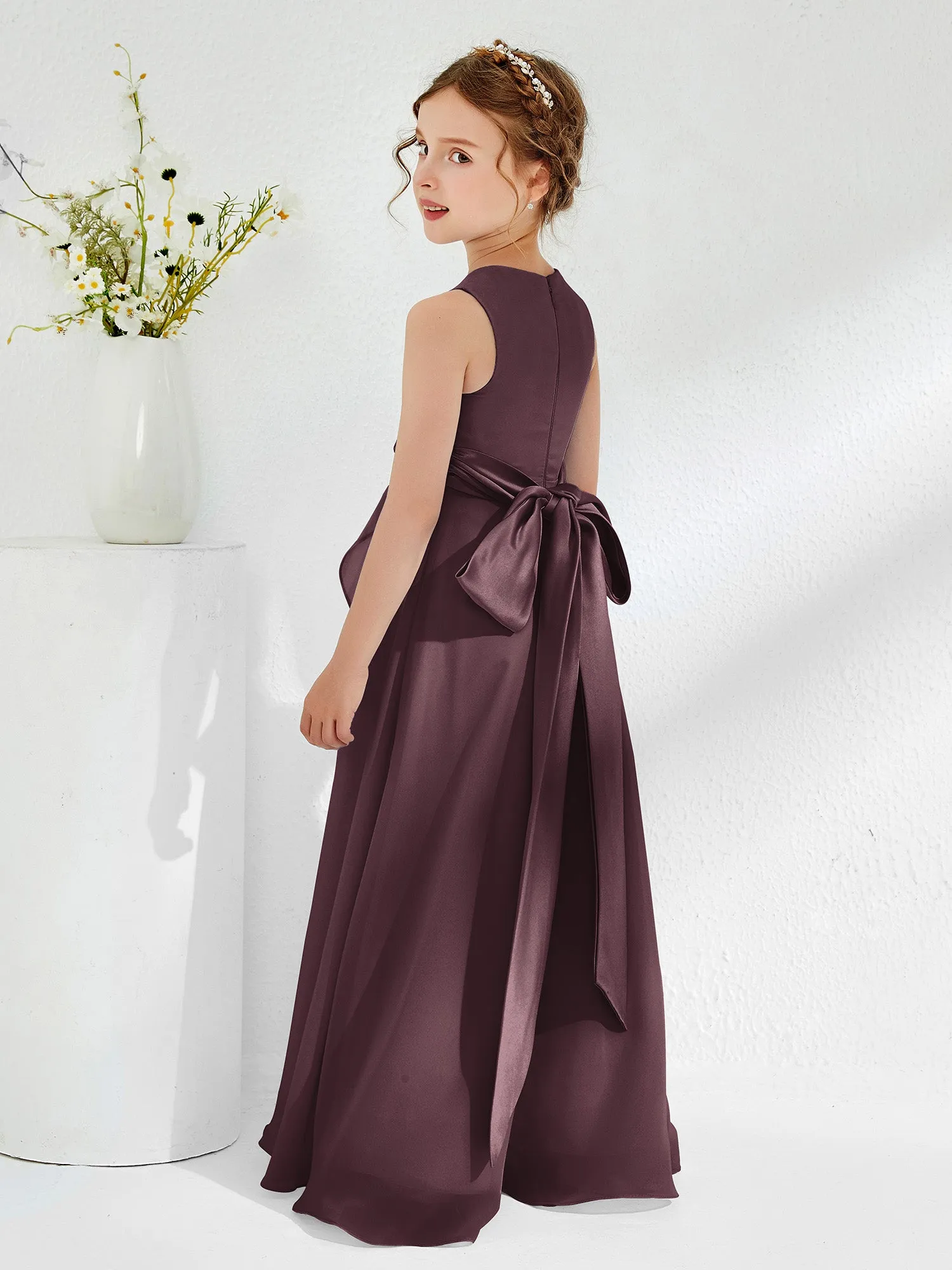 Bateau Neckline Ruffle Junior Bridesmaid Gowns Cabernet
