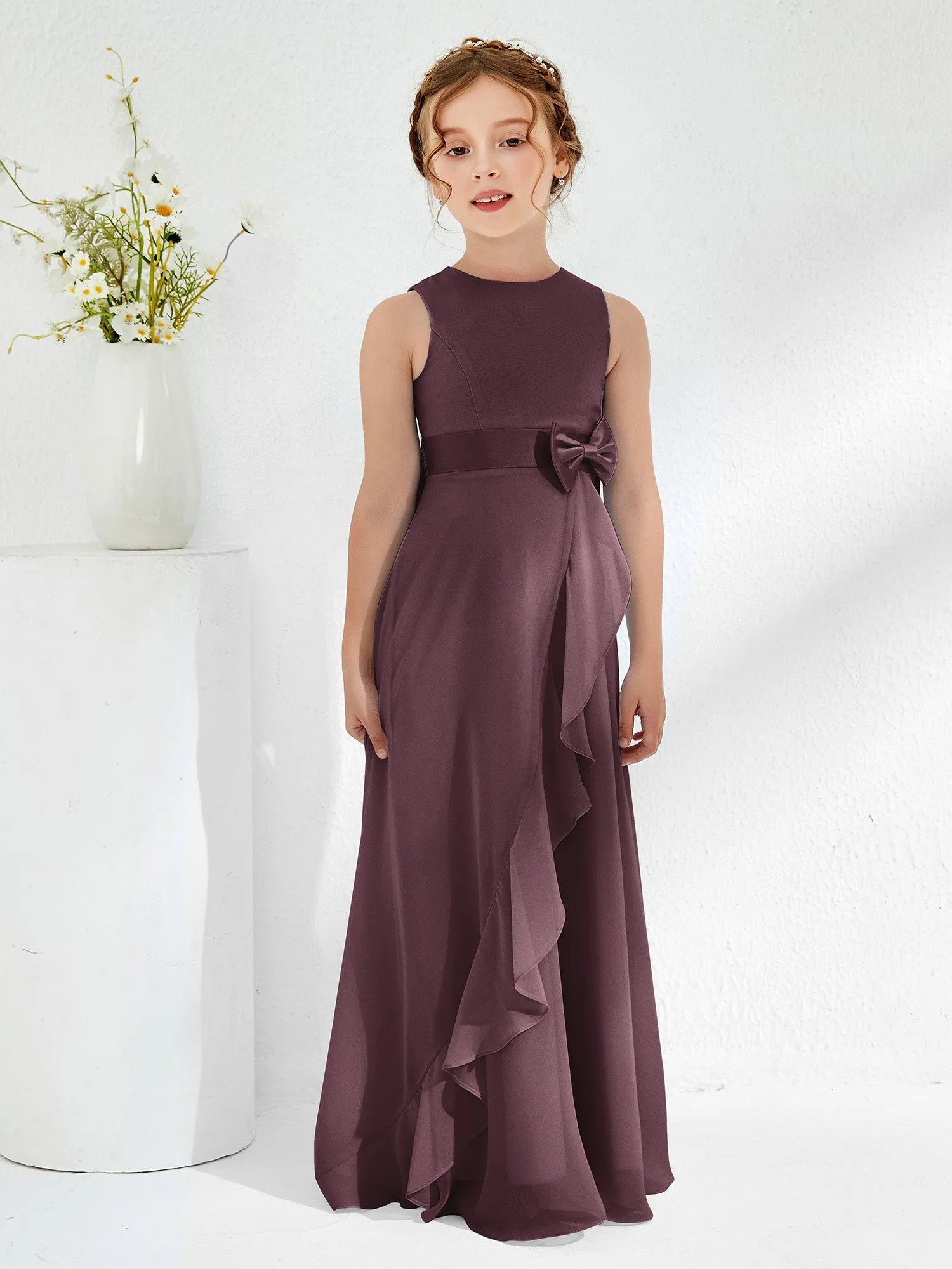 Bateau Neckline Ruffle Junior Bridesmaid Gowns Cabernet
