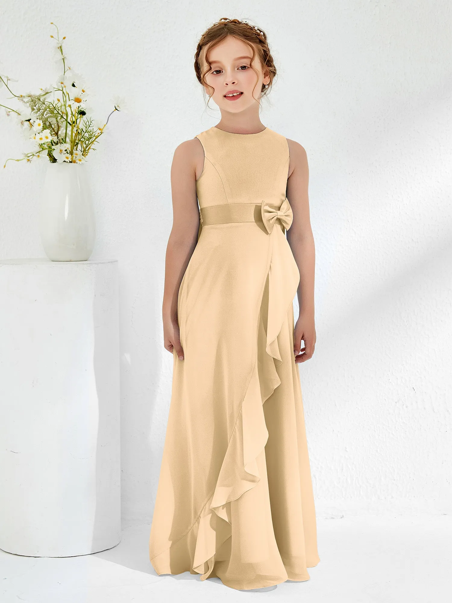 Bateau Neckline Ruffle Junior Bridesmaid Gowns Champagne