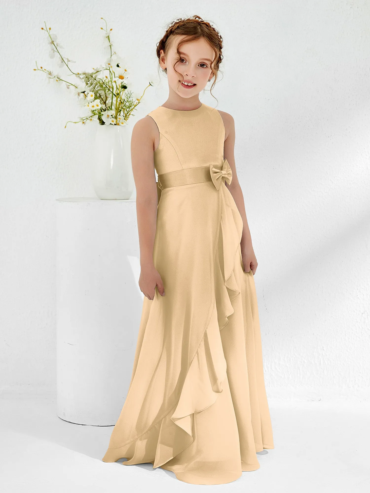 Bateau Neckline Ruffle Junior Bridesmaid Gowns Champagne