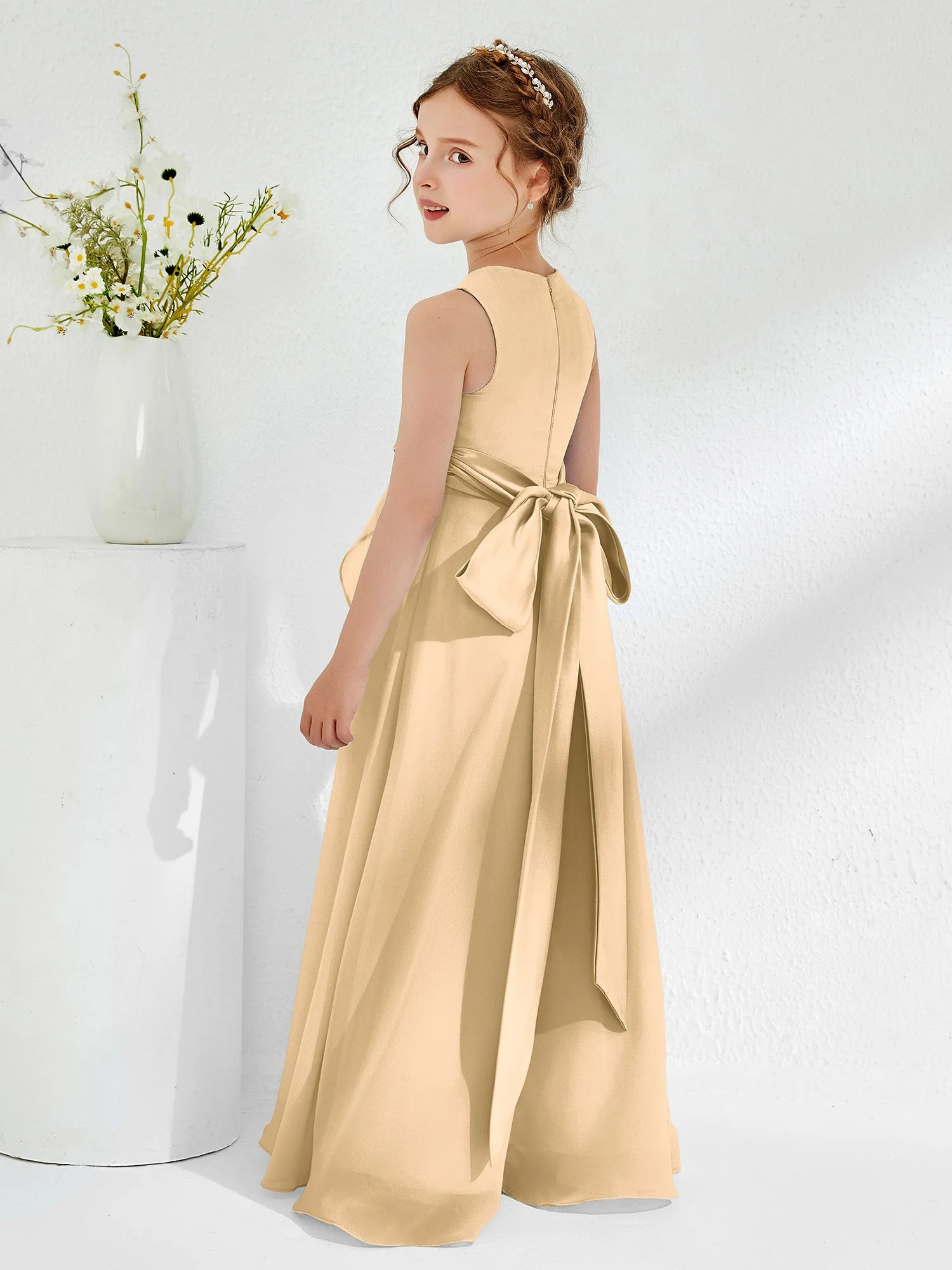 Bateau Neckline Ruffle Junior Bridesmaid Gowns Champagne