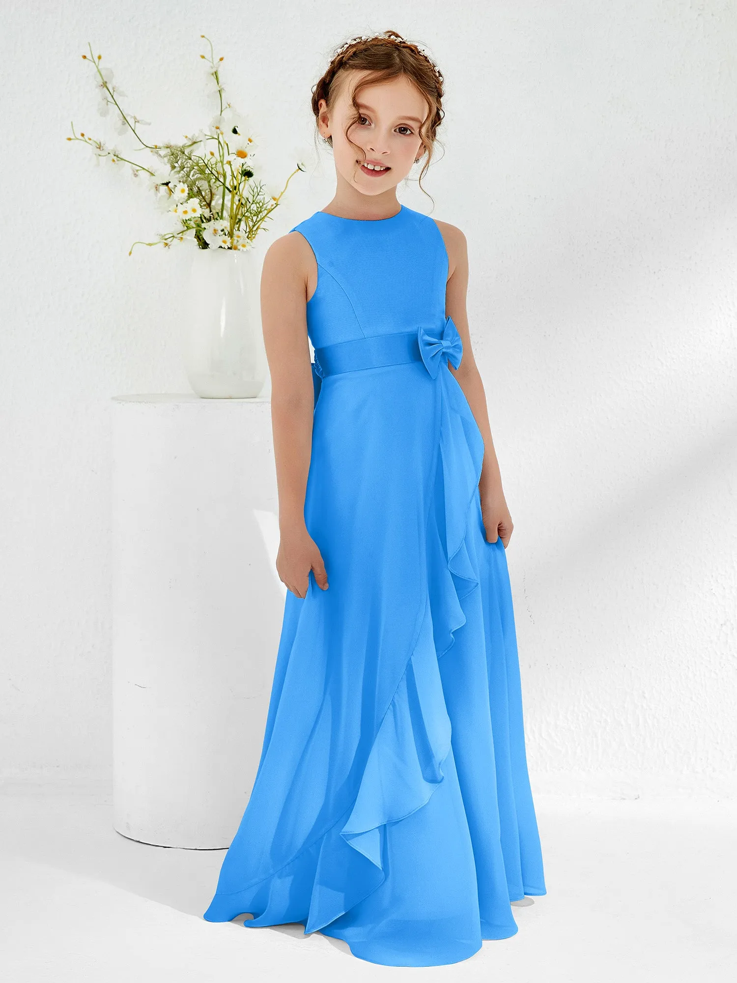 Bateau Neckline Ruffle Junior Bridesmaid Gowns Ocean Blue