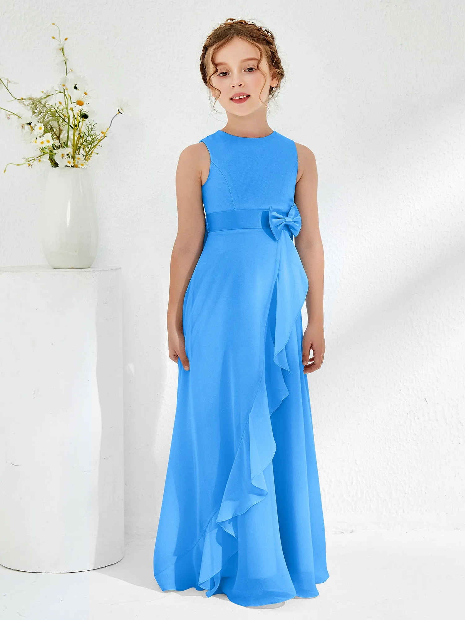 Bateau Neckline Ruffle Junior Bridesmaid Gowns Ocean Blue