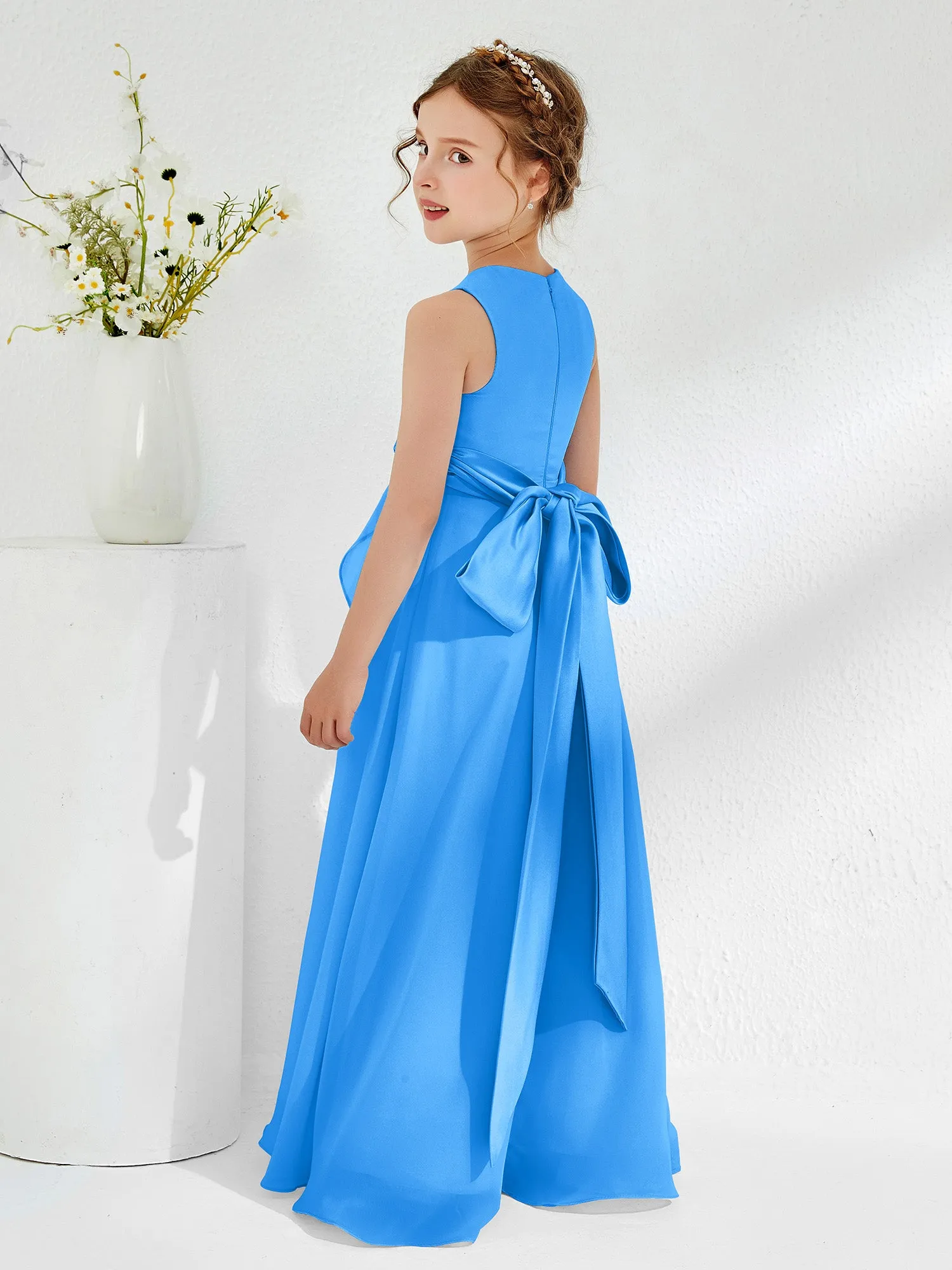 Bateau Neckline Ruffle Junior Bridesmaid Gowns Ocean Blue