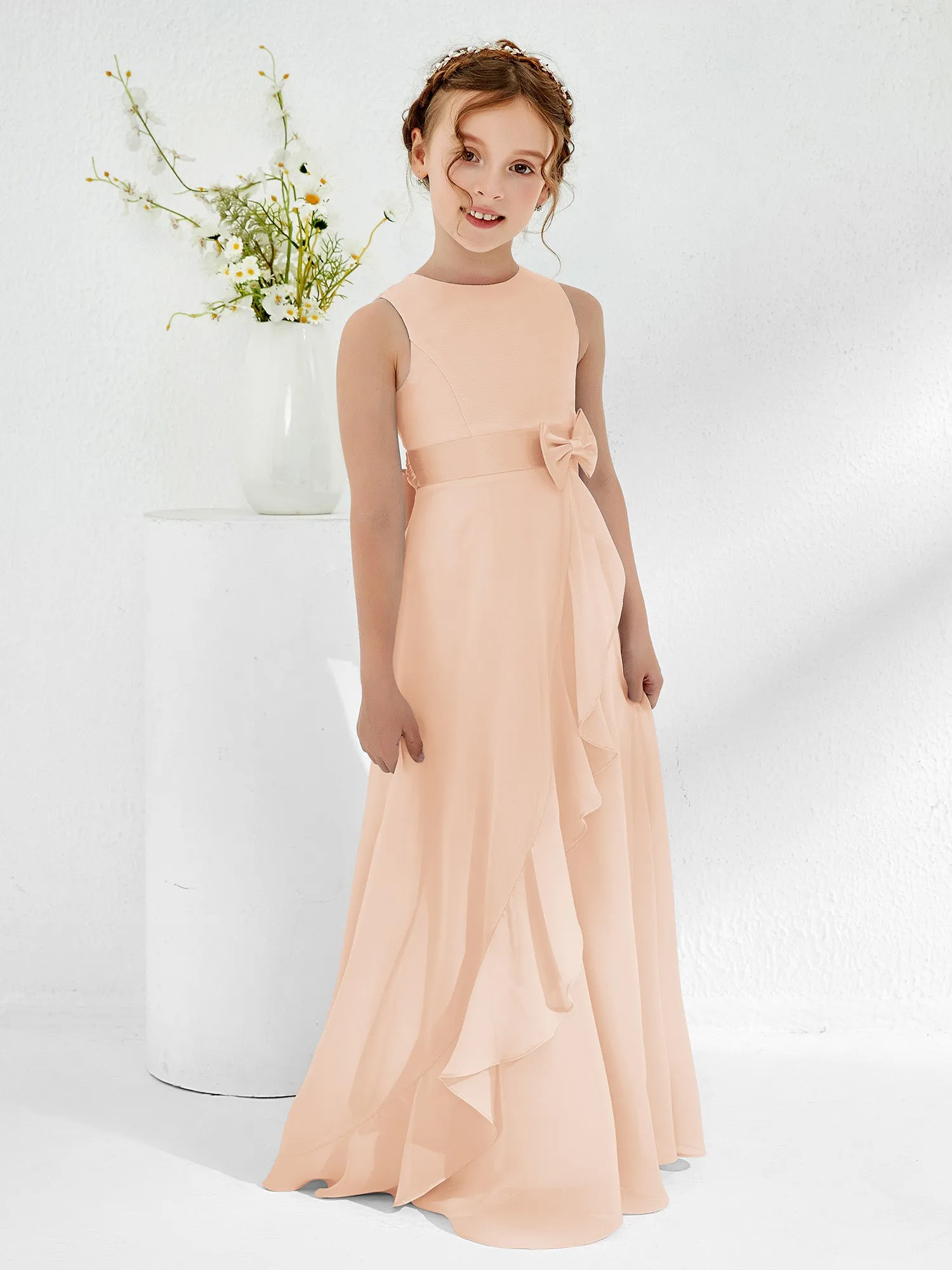 Bateau Neckline Ruffle Junior Bridesmaid Gowns Pearl Pink