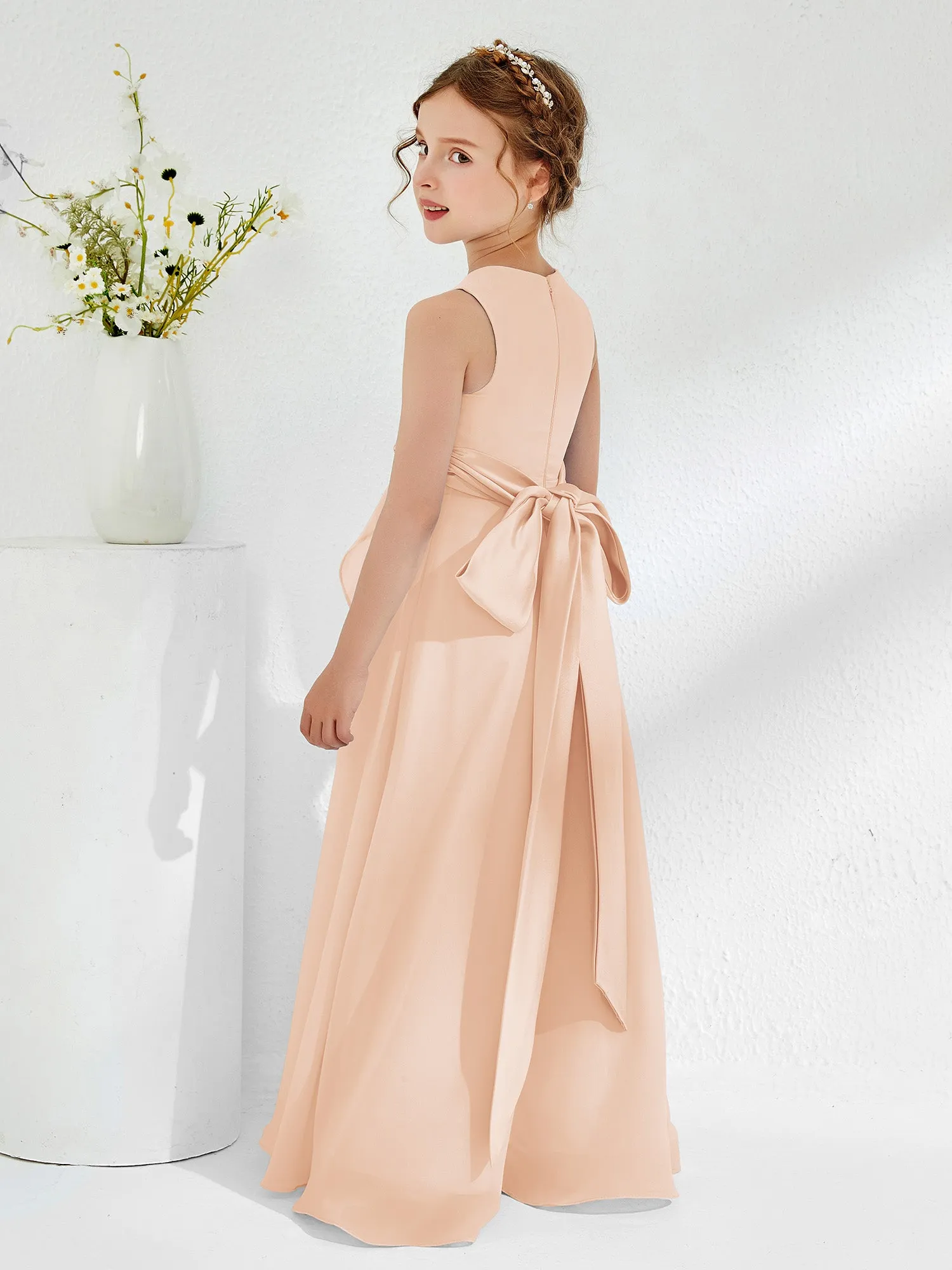 Bateau Neckline Ruffle Junior Bridesmaid Gowns Pearl Pink