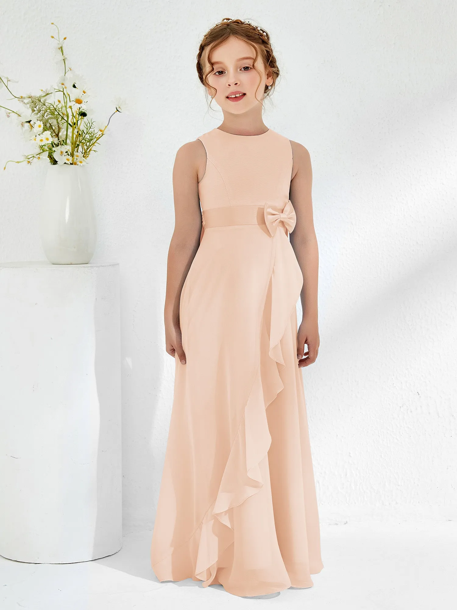 Bateau Neckline Ruffle Junior Bridesmaid Gowns Pearl Pink