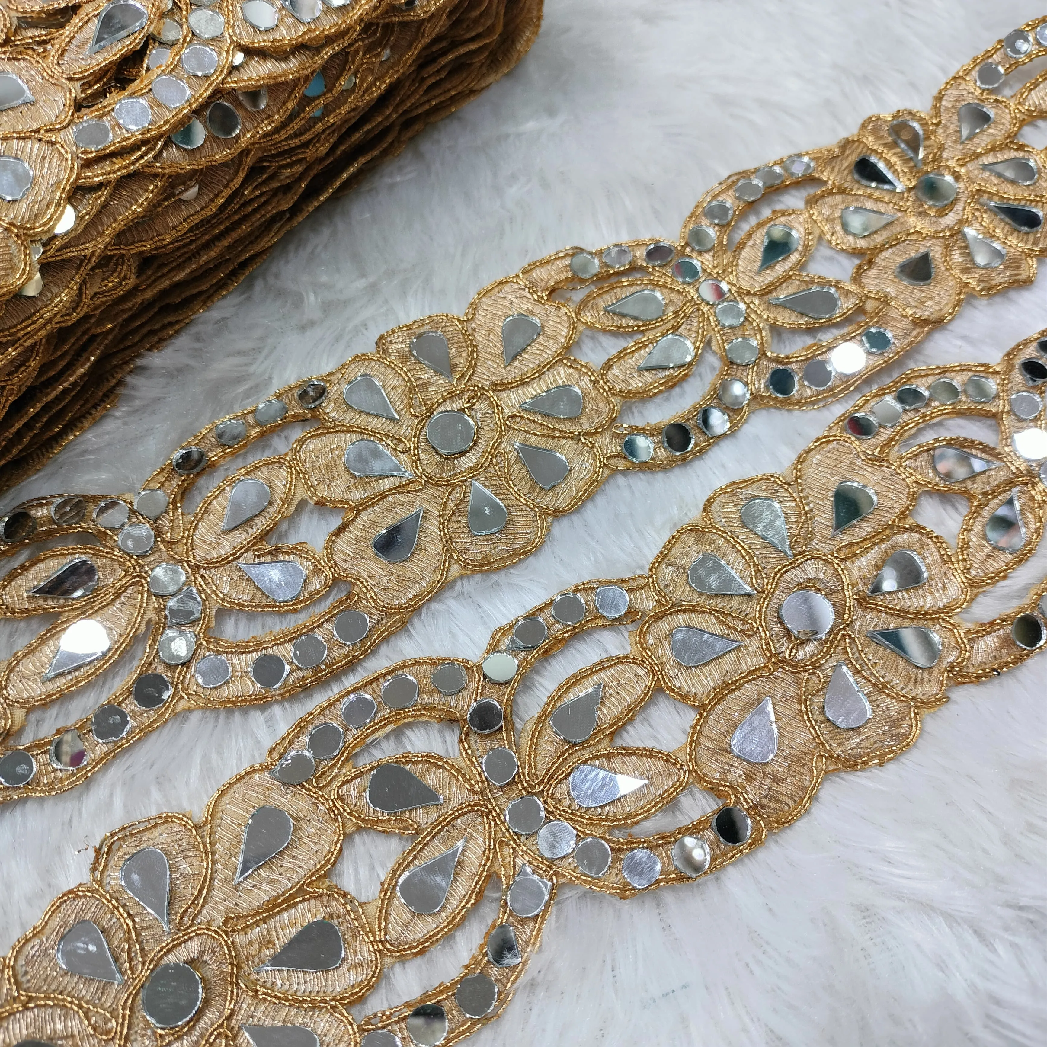 Beige Multicolor Fancy Mirror Work Embellished Trim