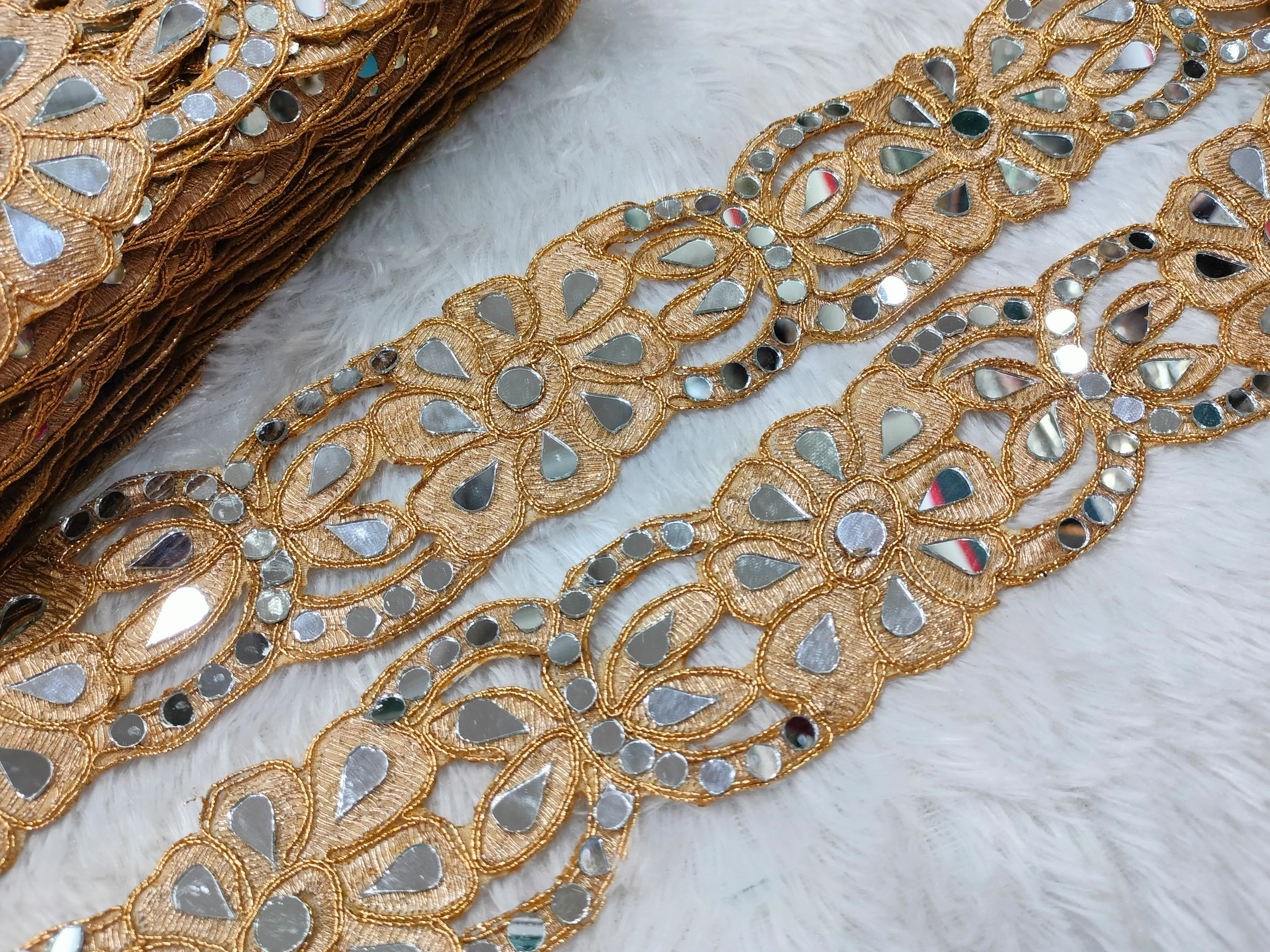 Beige Multicolor Fancy Mirror Work Embellished Trim