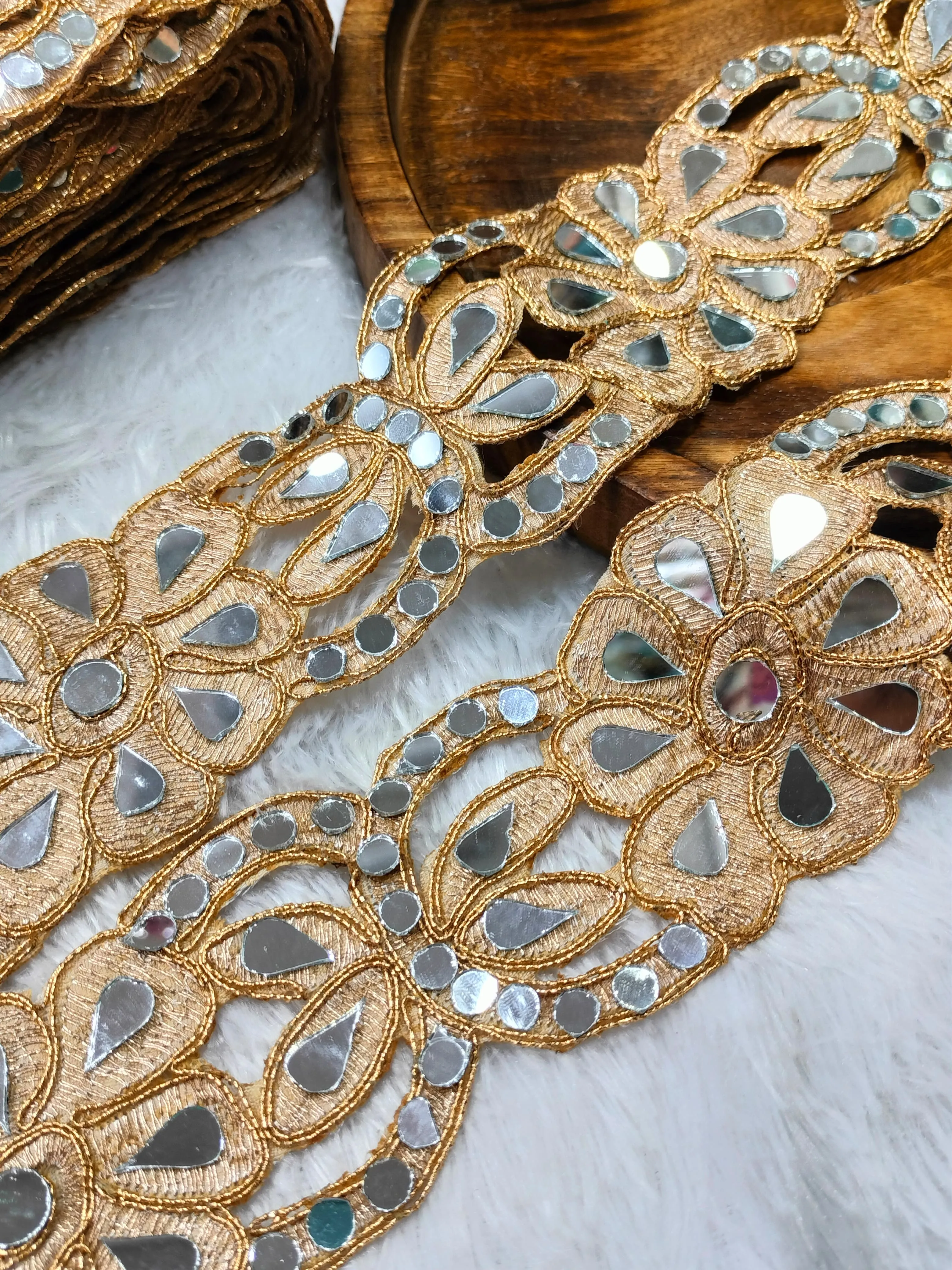 Beige Multicolor Fancy Mirror Work Embellished Trim