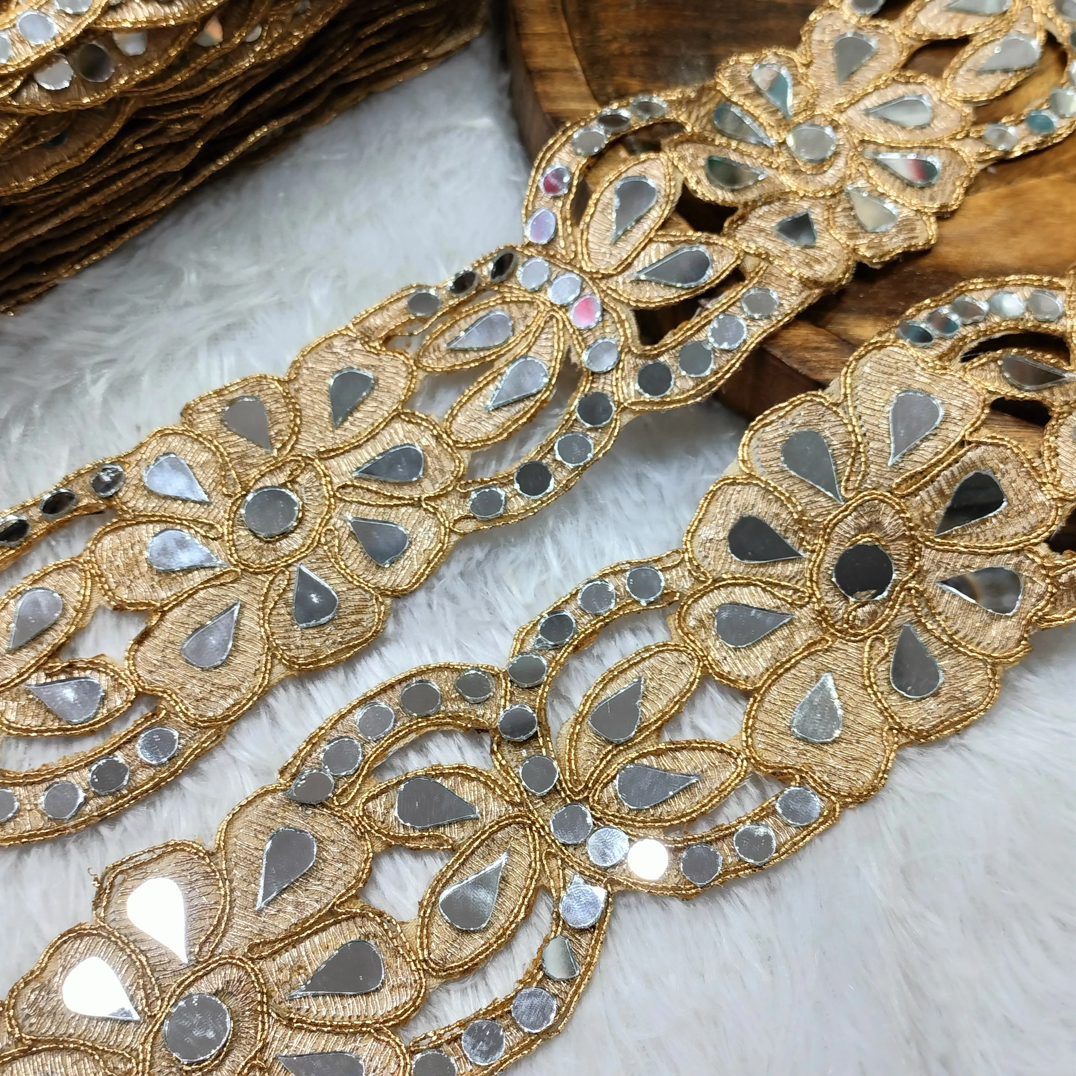 Beige Multicolor Fancy Mirror Work Embellished Trim