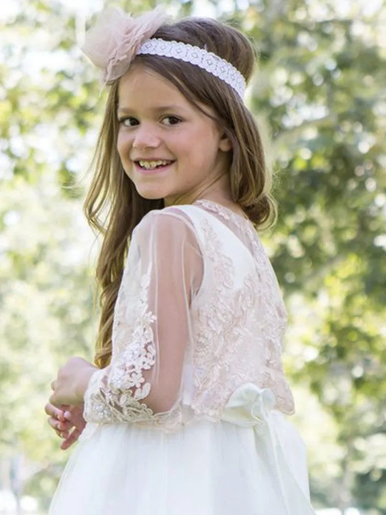 Big Girls Champagne Long Sleeve Bead Embroidered Bolero 8-16