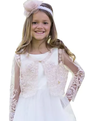 Big Girls Champagne Long Sleeve Bead Embroidered Bolero 8-16