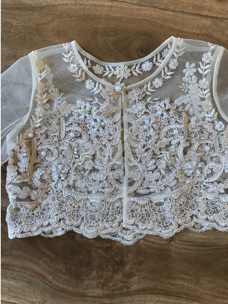 Big Girls Champagne Long Sleeve Bead Embroidered Bolero 8-16