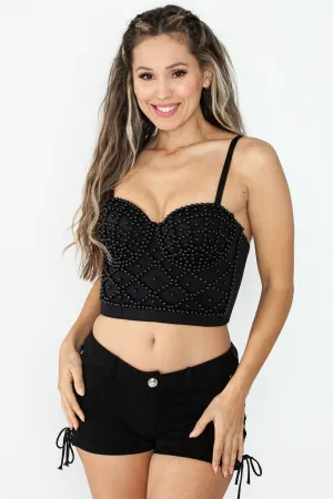 Black Pearl Criss Cross Pattern Corset Crop Top