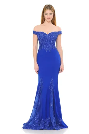 Blue Off-Shoulder Embroidered Crepe Godet Formal Dress