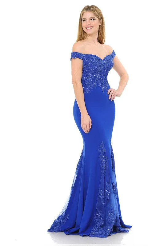 Blue Off-Shoulder Embroidered Crepe Godet Formal Dress