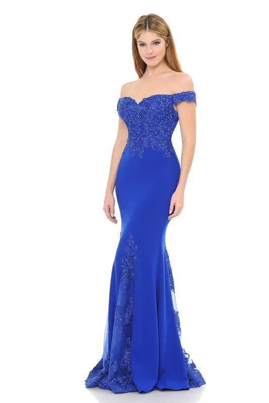 Blue Off-Shoulder Embroidered Crepe Godet Formal Dress