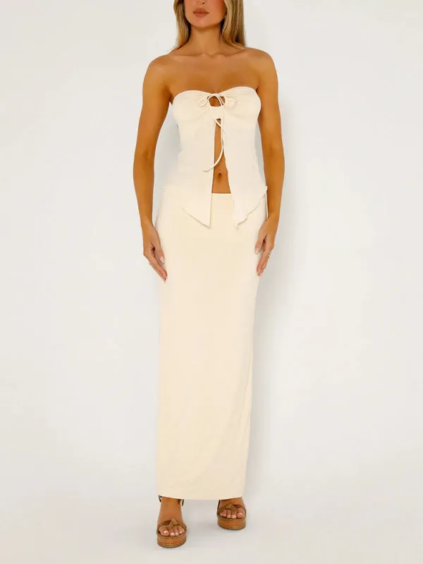 Blue Zone Planet |  Emily's Solid Color Sleeveless Mesh Double Layer Slit Tube Top Vest and Maxi Skirt Suit Set