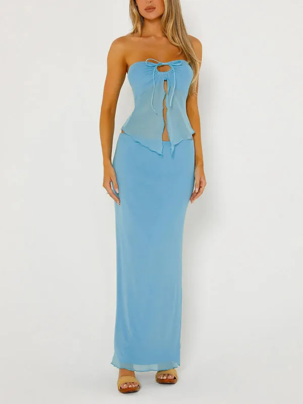 Blue Zone Planet |  Emily's Solid Color Sleeveless Mesh Double Layer Slit Tube Top Vest and Maxi Skirt Suit Set