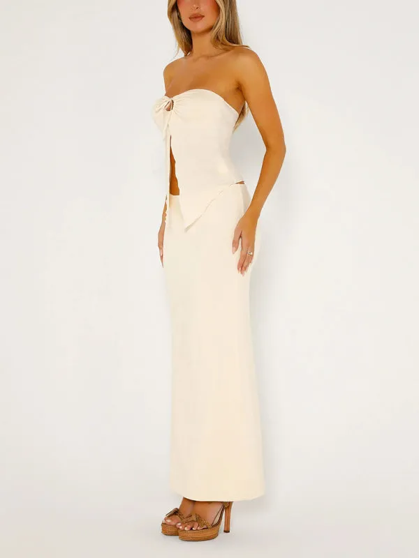 Blue Zone Planet |  Emily's Solid Color Sleeveless Mesh Double Layer Slit Tube Top Vest and Maxi Skirt Suit Set