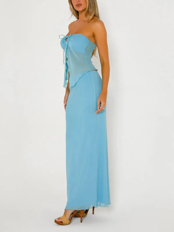 Blue Zone Planet |  Emily's Solid Color Sleeveless Mesh Double Layer Slit Tube Top Vest and Maxi Skirt Suit Set