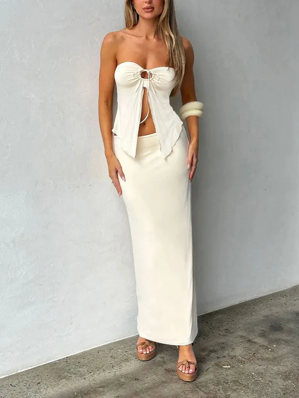 Blue Zone Planet |  Emily's Solid Color Sleeveless Mesh Double Layer Slit Tube Top Vest and Maxi Skirt Suit Set