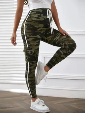 Camo Print Knot Waist Striped Side Cargo Pants