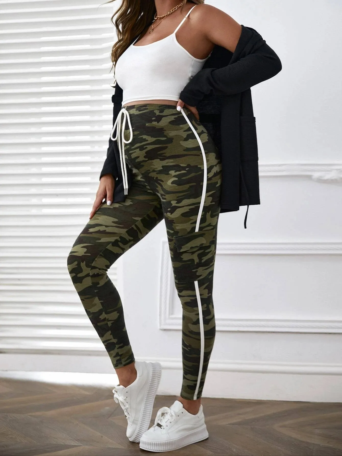 Camo Print Knot Waist Striped Side Cargo Pants