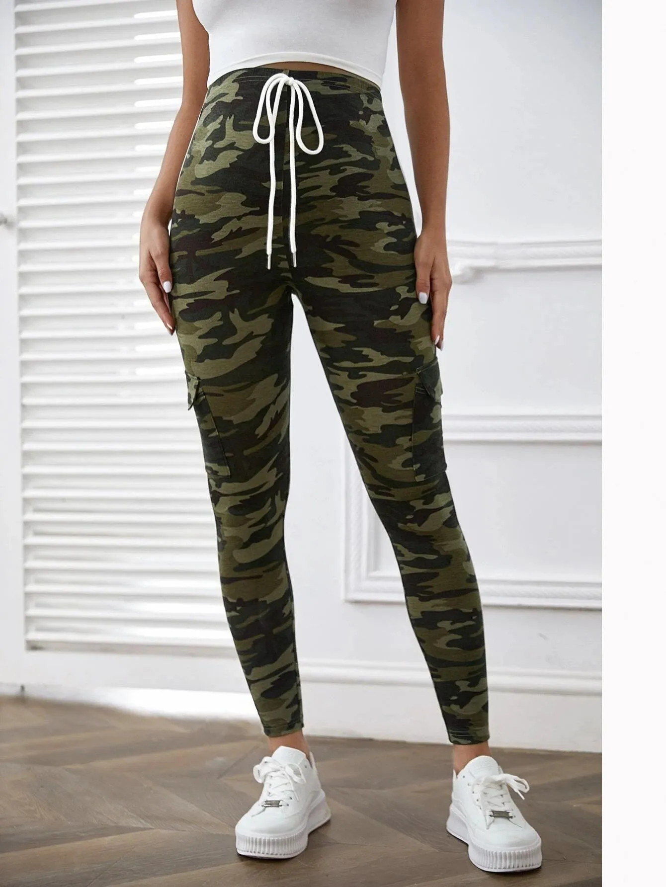 Camo Print Knot Waist Striped Side Cargo Pants