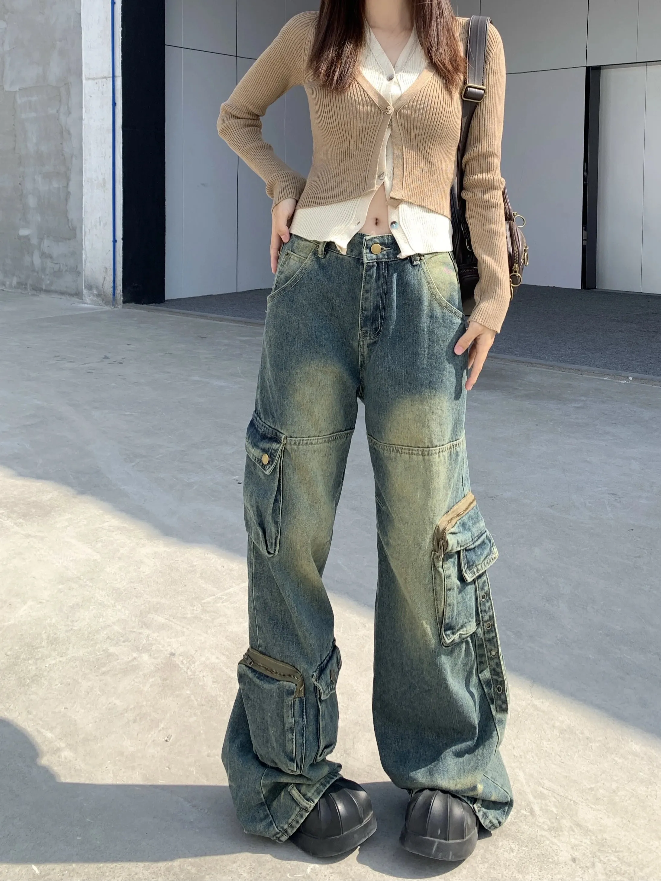 Cargo Jeans American Style Street Style Baggy Cargo Pants for Women Multi-pocket Wide Leg Denims