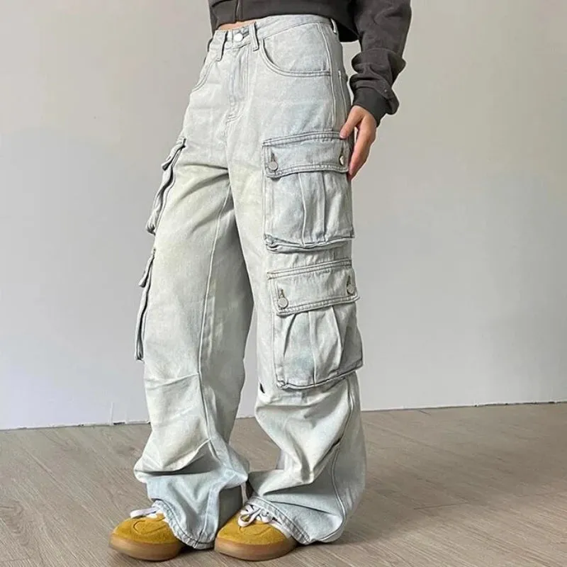 Cargo Jeans American Style Street Style Baggy Cargo Pants for Women Multi-pocket Wide Leg Denims