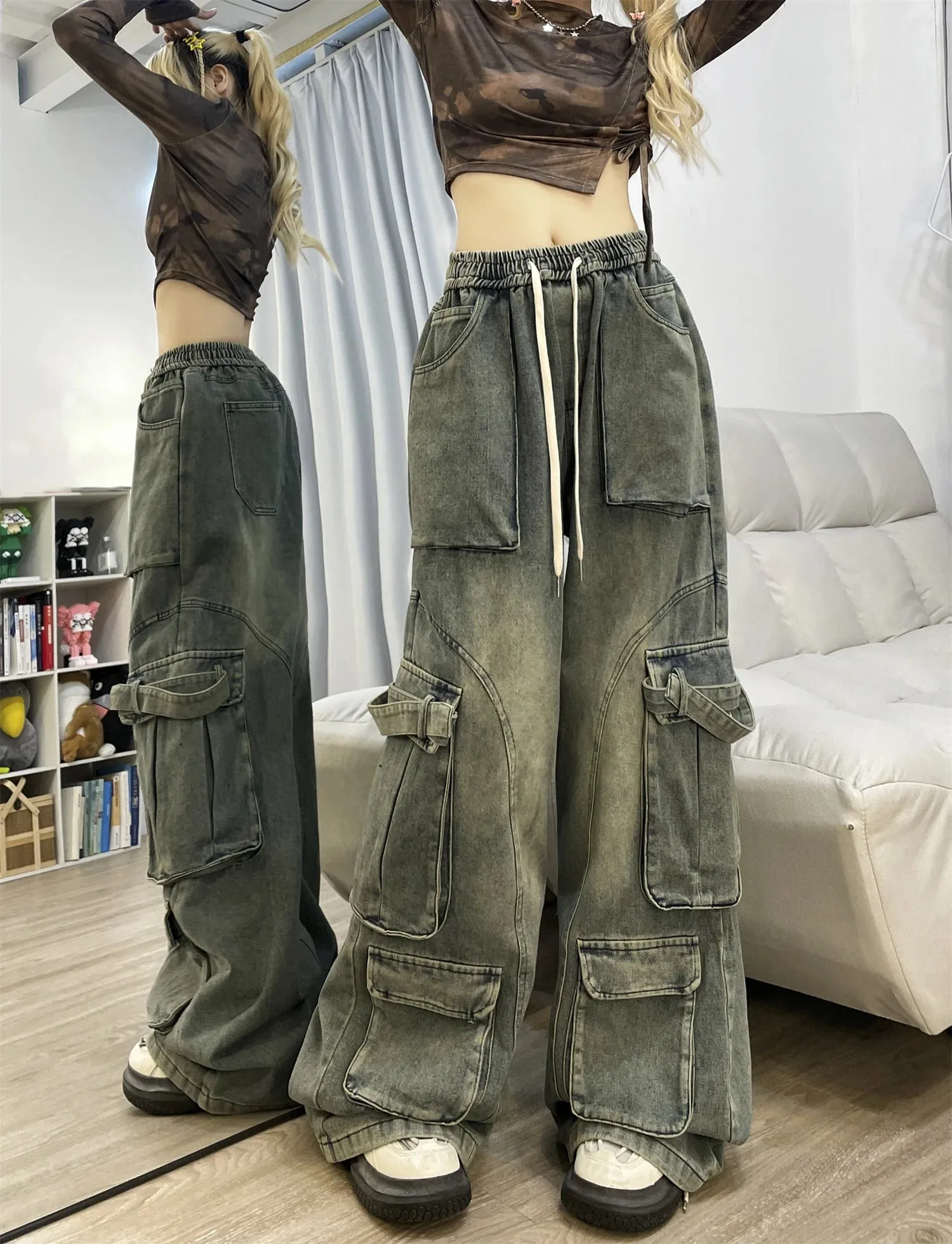 Cargo Jeans American Style Street Style Baggy Cargo Pants for Women Multi-pocket Wide Leg Denims