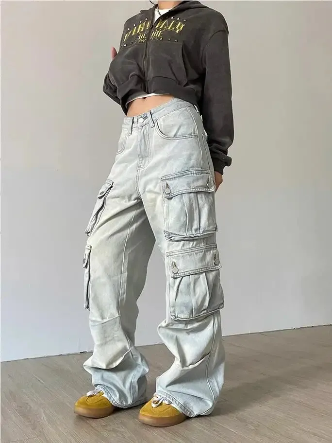 Cargo Jeans American Style Street Style Baggy Cargo Pants for Women Multi-pocket Wide Leg Denims