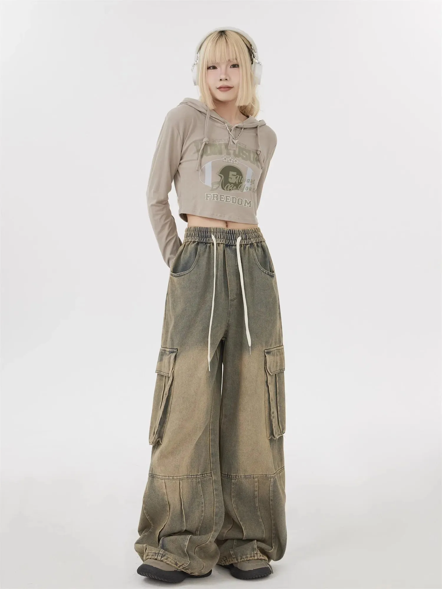 Cargo Jeans American Style Street Style Baggy Cargo Pants for Women Multi-pocket Wide Leg Denims