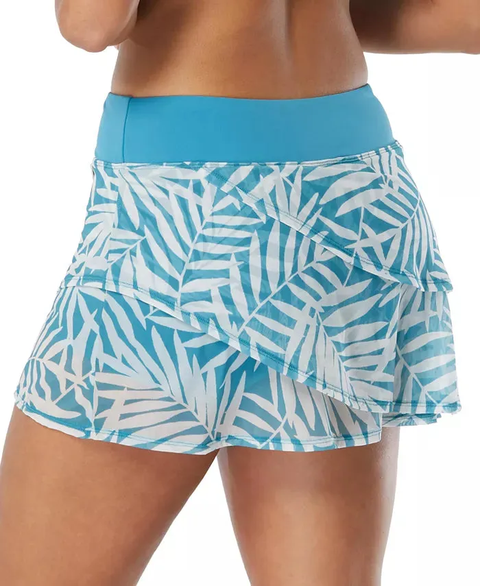 Coco Reef Palm-Print Mesh Layered Swim Skort