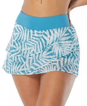 Coco Reef Palm-Print Mesh Layered Swim Skort