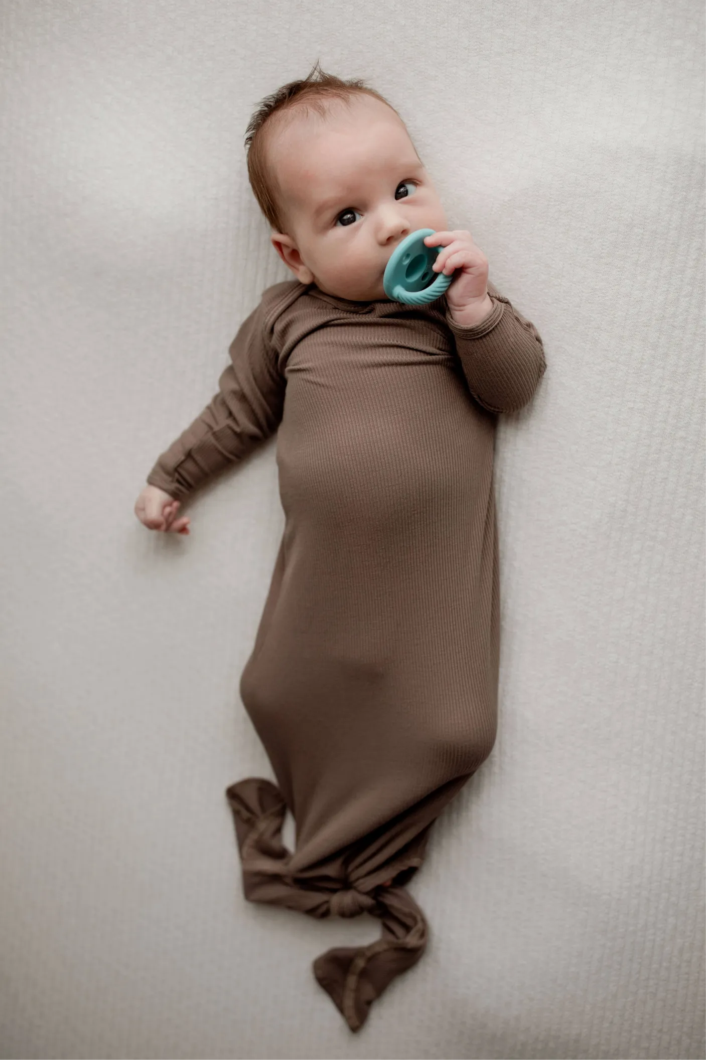 Cocoa Ribbed Knotted Baby Gown and Knot Cap