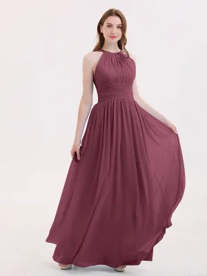 Double Strap Halter Long Chiffon Gowns-Mulberry